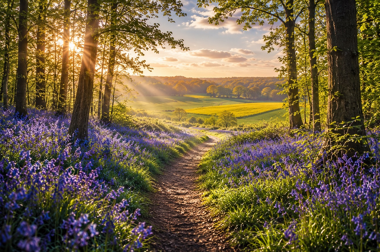 Bluebell Woodland Path Leading To Fields Of Gold