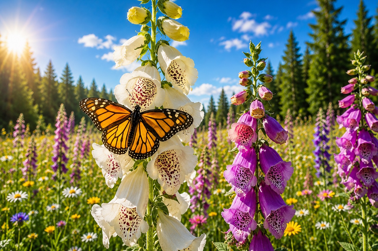 Foxgloves & Butterfly In Meadow